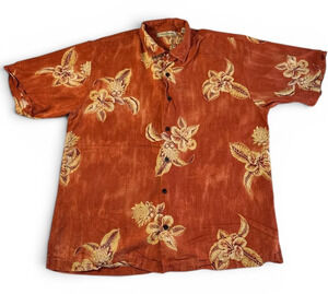 Tommy Bahama 100% Silk Hawaiian Camp Shirt Men's Large Orange Floral